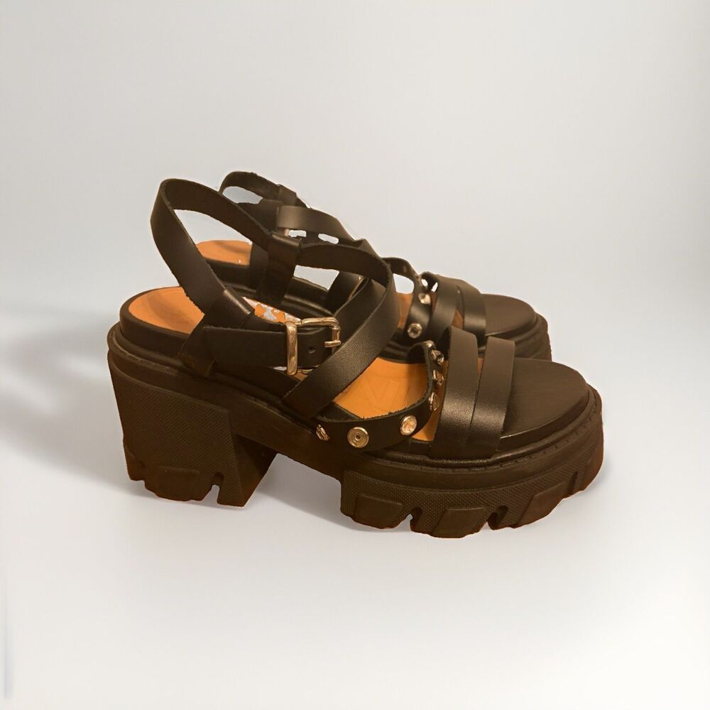 GANNI Cleated Strappy Chunky Sole Heeled Sandals Black Leather EU 35/ US 5